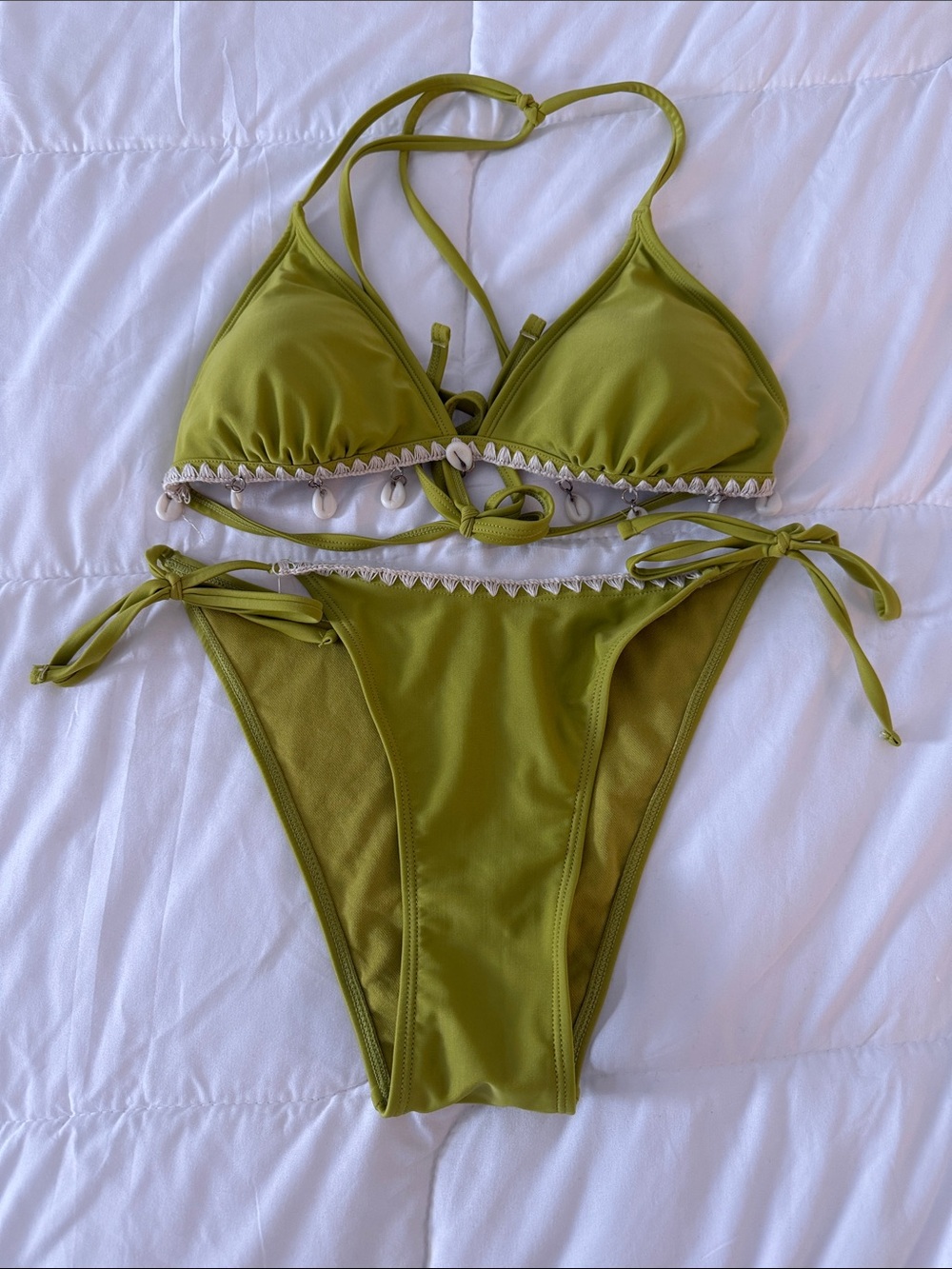 Olive Green Shell Trim Tie-Side Bikini
